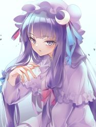 Rule 34 | 1girl, blue bow, blue ribbon, blunt bangs, blush, bow, capelet, commentary request, crescent, crescent hair ornament, dress, gradient background, hair bow, hair ornament, hair ribbon, hat, highres, jitome, blue background, long hair, long sleeves, looking at viewer, mob cap, oborofu, parted lips, patchouli knowledge, purple dress, purple eyes, purple hair, purple hat, purple neckwear, red bow, red ribbon, ribbon, sidelocks, sitting, solo, touhou, very long hair