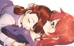 Rule 34 | 10s, 2girls, age difference, black choker, blush, breast smother, breasts, brown hair, choker, closed mouth, couple, closed eyes, female focus, girl on top, hair between eyes, half-closed eyes, holding hands, hand in own hair, happy, kagari atsuko, little witch academia, long hair, long sleeves, looking up, lying, medium breasts, multiple girls, neck, niina ryou, on back, open mouth, red eyes, red hair, school uniform, shiny chariot, simple background, sleeping, smile, teacher and student, tears, white background, witch, yuri