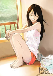 Rule 34 | 1girl, against wall, bare arms, bare legs, bare shoulders, barefoot, brown hair, camisole, dated, day, indoors, legs together, long hair, looking to the side, original, pen (pen3), pink lips, short shorts, shorts, signature, sitting, smile, solo, window, yellow eyes