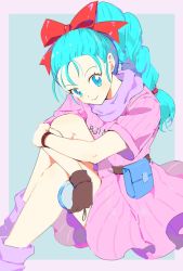 Rule 34 | 1girl, bare legs, blue eyes, blue hair, braid, braided ponytail, brown gloves, bulma, character name, clothes writing, dragon ball, dragon ball (classic), dress, fanny pack, feet out of frame, gloves, hair ribbon, head tilt, holding, libeuo (liveolivel), neckerchief, outside border, pink dress, purple neckerchief, purple socks, radar, red ribbon, ribbon, short dress, short sleeves, simple background, single braid, single glove, sitting, smile, socks, solo, two-tone background, watch, wristwatch