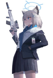 Rule 34 | 1girl, absurdres, animal ears, arm up, assault rifle, blue archive, blue eyes, blue scarf, breasts, cat ears, collar, eyes visible through hair, grey collar, grey jacket, grey skirt, grey sleeves, gun, hair between eyes, hand in pocket, hand up, highres, jacket, long sleeves, medium breasts, open clothes, open mouth, rifle, scarf, shadow, shiroko (blue archive), shirt, short hair, sig sauer 556, silver hair, simple background, skirt, solo, standing, suppressor, ttoowa, weapon, white background, white shirt