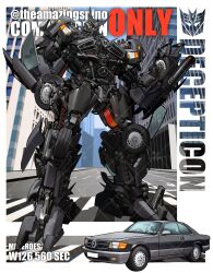 Rule 34 | arm cannon, car, city, commission, decepticon, full body, glint, hand on own hip, highres, kamitoge supino, looking at viewer, mecha, mercedes-benz, mercedes-benz w126, motor vehicle, original, red eyes, robot, solo, transformers, transformers (live action), v-fin, vehicle name, weapon
