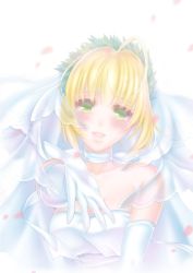 Rule 34 | 1girl, ahoge, artoria pendragon (fate), bad id, bad pixiv id, blonde hair, bodysuit, breasts, bridal veil, bride, dress, elbow gloves, fate/stay night, fate (series), gloves, green eyes, highres, lock, nuruhachi (honki), outstretched hand, padlock, pale color, saber (fate), solo, veil, wedding dress