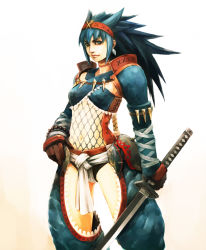 Rule 34 | 1girl, blue hair, capcom, fishnets, hairband, hironox, katana, long hair, monster hunter (series), nargacuga (armor), solo, sword, weapon