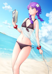 Rule 34 | 1girl, bare shoulders, beach, bikini, black bikini, blue sky, book, branch, breasts, cameltoe, closed mouth, cloud, commission, cowboy shot, dutch angle, expressionless, fire emblem, fire emblem: the sacred stones, fire emblem heroes, flower, hair flower, hair ornament, holding, holding book, kasu (kasunohikari), looking away, looking to the side, lute (fire emblem), navel, nintendo, ocean, official alternate costume, open book, outdoors, purple bikini, purple eyes, purple hair, sand, see-through, shore, skeb commission, sky, small breasts, solo, swimsuit, twintails, water, waves