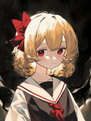 Rule 34 | 1girl, absurdres, ascot, black vest, blonde hair, blush, bow, closed mouth, clynxen, collarbone, commentary, eyebrows hidden by hair, hair between eyes, hair bow, highres, looking at viewer, red ascot, red bow, red eyes, rumia, sailor collar, shirt, short hair, smile, solo, touhou, upper body, vest, white shirt