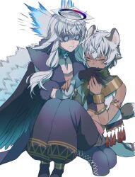 Rule 34 | absurdres, animal ears, biting, biting another&#039;s hand, biting hand, black hair, bracelet, cat boy, cat ears, choker, closed eyes, coat, couple, daimon kisora (vtuber), dark skin, feathers, fur-trimmed coat, fur trim, halo, hand grab, head wings, highres, holding another&#039;s arm, indie virtual youtuber, jewelry, mihos (vtuber), multicolored hair, navel, tail, tail ornament, tail ring, tattoo, tobacco (tabakokobata), virtual youtuber, white hair, wings, yellow eyes