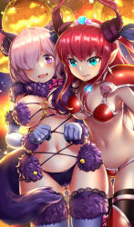Rule 34 | 2girls, animal ears, armor, bad id, bad pixiv id, bikini armor, black panties, blue eyes, blush, bra, breasts, closed mouth, elizabeth bathory (brave) (fate), elizabeth bathory (fate), elizabeth bathory (fate/extra ccc), fang, fang out, fate/grand order, fate (series), fur-trimmed gloves, fur-trimmed legwear, fur trim, gloves, gluteal fold, hair over one eye, halloween, halloween costume, hat, horns, jack-o&#039;-lantern, kurobuchi numama, lace, lace-trimmed bra, lace trim, large breasts, long hair, looking at viewer, mash kyrielight, mash kyrielight (dangerous beast), md5 mismatch, multiple girls, navel, o-ring, o-ring top, official alternate costume, open mouth, panties, pauldrons, pointy ears, pumpkin, purple eyes, purple hair, red hair, revealing clothes, short hair, shoulder armor, smile, swimsuit, tail, thigh gap, thighhighs, underboob, underwear, wide hips, wolf ears, wolf tail