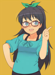 Rule 34 | 1girl, :d, bespectacled, black hair, blue eyes, blush, bow, fang, ganaha hibiki, glasses, hair bow, hand on own hip, highres, hip focus, idolmaster, idolmaster (classic), open mouth, oza watto, ponytail, red-framed eyewear, simple background, smile, solo