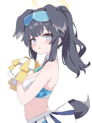 Rule 34 | 1girl, absurdres, animal ears, bare arms, bare shoulders, black hair, blue archive, blue eyes, blush, breasts, cheerleader, crop top, dog ears, dog girl, dog tail, eyewear on head, from side, goggles, goggles on head, halo, hibiki (blue archive), hibiki (cheer squad) (blue archive), highres, holding, holding pom poms, looking at viewer, medium breasts, midriff, official alternate costume, parted lips, pleated skirt, pom pom (cheerleading), pom poms, ponytail, simple background, skirt, solo, tail, white background, white skirt, yukisiannn