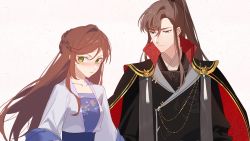 Rule 34 | 1boy, 1girl, artem wing (tears of themis), blue eyes, blush, brown hair, chinese clothes, closed mouth, green eyes, hanfu, highres, long hair, long sleeves, nnatural94, ponytail, rosa (tears of themis), simple background, tears of themis, white background