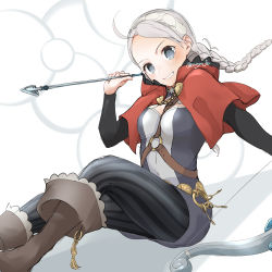 Rule 34 | 1girl, ahoge, arrow (projectile), boots, bow (weapon), braid, breasts, capelet, fire emblem, fire emblem fates, grey background, grey eyes, harness, highres, holding, holding arrow, holding bow (weapon), holding weapon, key, looking at viewer, medium breasts, nina (fire emblem), nintendo, sakura no yoru, sitting, smile, solo, twin braids, weapon