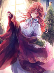 Rule 34 | 1girl, blouse, bow, character request, children of the rune, christmas tree, clothes lift, curtains, dress, dress lift, frills, indoors, jacket, long hair, looking at viewer, nakiha, puffy sleeves, red dress, red eyes, red hair, shirt, solo, standing, unworn jacket, white bow, white shirt, window