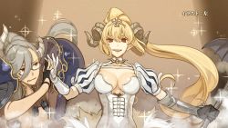 Rule 34 | 2girls, armor, asymmetrical hair, belial (sin nanatsu no taizai), belial (the seven deadly sins), black gloves, blonde hair, breasts, brown eyes, cleavage, curled horns, demon girl, demon horns, end card, frown, glasses, gloves, grey hair, hidari (left side), highres, horns, japanese text, large breasts, long hair, looking at another, looking at viewer, lucifer (sin nanatsu no taizai), lucifer (the seven deadly sins), mature female, multiple girls, non-web source, official art, parted lips, partially fingerless gloves, pauldrons, pointy ears, ponytail, puffy short sleeves, puffy sleeves, red eyes, revealing clothes, semi-rimless eyewear, short sleeves, shoulder armor, sin nanatsu no taizai, smile, sparkle, the seven deadly sins, tiara, under-rim eyewear, upper body, very long hair, white gloves