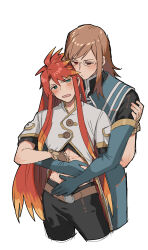 Rule 34 | 2boys, abs, absurdres, blue gloves, blush, brown hair, closed mouth, commentary request, cropped legs, elbow gloves, glasses, gloves, hair between eyes, hands on another&#039;s chest, highres, hug, hug from behind, jade curtiss, long hair, luke fon fabre, male focus, multicolored hair, multiple boys, none (kameko227), open mouth, orange hair, pants, red eyes, red hair, sidelocks, simple background, sweat, tales of (series), tales of the abyss, toned, toned male, very long hair, white background, yaoi