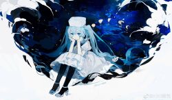 Rule 34 | 1girl, black pantyhose, blue eyes, blue hair, chinese commentary, closed mouth, commentary request, dress, expressionless, fur hat, hat, hatsune miku, highres, kikihuihui, long hair, neckerchief, pantyhose, papakha, puffy short sleeves, puffy sleeves, shoes, short sleeves, sitting, solo, space, space print, starry sky print, strappy heels, twintails, very long hair, vocaloid, water, white dress, white footwear, white hat, yellow neckerchief, yuki miku, yuki miku (2023) (applicant)