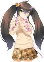 Rule 34 | 1girl, animal print, bare shoulders, black hair, bow, brown bow, brown shirt, brown skirt, collarbone, commentary request, hair bow, hands up, idolmaster, idolmaster cinderella girls, layered skirt, leopard print, long hair, long sleeves, matoba risa, miri (ago550421), off-shoulder shirt, off shoulder, own hands together, pink bow, plaid, plaid skirt, pleated skirt, print bow, puffy long sleeves, puffy sleeves, shirt, simple background, skirt, sleeves past wrists, solo, twintails, very long hair, white background