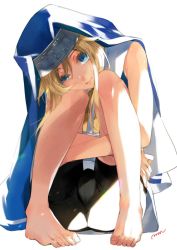Rule 34 | 1boy, barefoot, blonde hair, bridget (guilty gear), bulge, closed mouth, guilty gear, guilty gear xx, head on knees, headgear, light, light rays, maka (morphine), male focus, signature, simple background, sitting, smile, solo, trap, white background