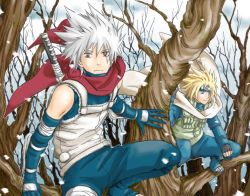 Rule 34 | 2boys, alternate costume, anbu, bare shoulders, bare tree, blonde hair, day, hatake kakashi, heterochromia, holding, holding behind back, in tree, looking at viewer, male focus, multiple boys, musasabi shirou, namikaze minato, naruto, naruto (series), outdoors, plant, sheath, sheathed, silver hair, snowing, spiked hair, tree, weapon, weapon on back, winter