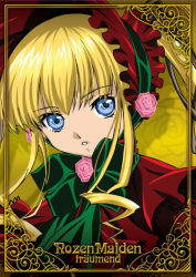 Rule 34 | 00s, 1girl, blonde hair, blue eyes, bonnet, bow, copyright name, expressionless, flower, frills, green bow, long hair, official art, pink flower, pink rose, rose, rozen maiden, shinku, solo, twintails, upper body, yellow background