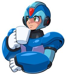 Rule 34 | 1boy, armor, blue armor, blue helmet, cup, forehead jewel, green eyes, holding, holding cup, hyoumaru, looking to the side, mega man (series), mega man x (series), shoulder armor, simple background, solo, transparent background, upper body, x (mega man)