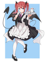 Rule 34 | 1girl, absurdres, apron, black dress, black footwear, black wings, blue background, blue eyes, blush, closed mouth, collared dress, commentary request, cup, demon girl, demon tail, demon wings, dress, frilled apron, frills, full body, highres, holding, holding tray, honorikiti, juliet sleeves, long hair, long sleeves, maid, original, pantyhose, puffy sleeves, red hair, saucer, shoes, smile, solo, standing, standing on one leg, tail, teacup, teapot, tray, twintails, two-tone background, white apron, white background, white pantyhose, wings