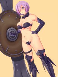 Rule 34 | 1girl, adapted costume, armor, armpits, bare shoulders, belly, bikini, bikini armor, black gloves, blush, breasts, cleavage, closed mouth, elbow gloves, embarrassed, fate/grand order, fate (series), female focus, gloves, greaves, hair over one eye, hand on own hip, holding, holding shield, holding weapon, legband, legs, light purple hair, looking at viewer, maebari, mash kyrielight, medium breasts, nasipasuta, navel, purple eyes, purple hair, shield, short hair, shy, simple background, solo, standing, swimsuit, tan background, thigh strap, type-moon, weapon, yellow background