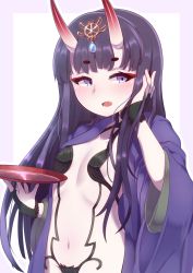 Rule 34 | 1girl, :d, absurdres, alcohol, alternate hair length, alternate hairstyle, blue eyes, breasts, bridal gauntlets, cup, eyeliner, fang, fate/grand order, fate (series), hand up, headpiece, highres, horns, japanese clothes, long hair, long sleeves, makeup, navel, oni, open mouth, purple hair, revealing clothes, sakazuki, sake, shuten douji (fate), skin-covered horns, small breasts, smile, solo, straight hair, very long hair, wide sleeves, yuya090602