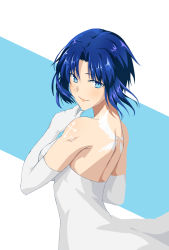 Rule 34 | 1girl, axia-chan, backless dress, backless outfit, bare shoulders, blue eyes, blue hair, blue skirt, blush, breasts, ciel (tsukihime), cowboy shot, cross, dress, finger to own chin, gloves, highres, large breasts, looking at viewer, looking back, medium breasts, roman numeral, short hair, skirt, smile, solo, tattoo, tsukihime, white dress, white gloves