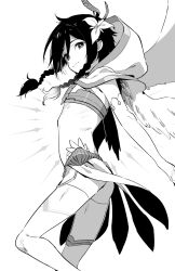 Rule 34 | 1boy, androgynous, braid, capelet, closed mouth, elbow gloves, feathered wings, flower, genshin impact, gloves, greyscale, hair flower, hair ornament, highres, hood, hooded capelet, looking at viewer, male focus, monochrome, moyori, short hair with long locks, shorts, simple background, solo, thighhighs, trap, twin braids, venti (archon) (genshin impact), venti (genshin impact), wings