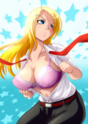 Rule 34 | 1girl, alternate costume, animification, belt, blonde hair, blue eyes, bow, bow bra, bra, breasts, cleavage, covered erect nipples, dc comics, denim, jeans, large breasts, lingerie, long hair, marimo (ankokumarimo), open clothes, open shirt, pants, shirt, solo, supergirl, superman (series), underwear, undressing