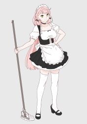 Rule 34 | 1girl, akashi (kancolle), alternate costume, apron, bad id, bad twitter id, choker, enmaided, film grain, full body, green eyes, grey background, hair ribbon, hand on own hip, kantai collection, legs apart, long hair, looking at viewer, maid, maid headdress, mop, ojipon, pink hair, ribbon, simple background, smile, solo, standing, thighhighs, tress ribbon, white thighhighs, zettai ryouiki