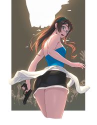 Rule 34 | 1girl, alternate costume, aqua eyes, aqua hairband, ass, back, bare arms, bare legs, bare shoulders, beretta 92, black skirt, blue tube top, blush, breasts, brown hair, clothes around waist, commentary request, cosplay, cropped legs, from behind, glasses, gun, hairband, handgun, highres, holding, holding gun, holding weapon, jill valentine, jill valentine (cosplay), kantai collection, legs, long hair, looking at viewer, looking back, miniskirt, ooyodo (kancolle), open mouth, resident evil, resident evil 3, resident evil 3: nemesis, scared, semi-rimless eyewear, simple background, skirt, small breasts, standing, strapless, sweatdrop, thighs, tube top, under-rim eyewear, weapon, yuuji (and), zombie