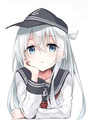 Rule 34 | 10s, 1girl, anchor symbol, arm support, azuuru (azure0608), blue eyes, blush, hand on own cheek, hand on own face, hat, hibiki (kancolle), highres, kantai collection, long hair, looking at viewer, school uniform, serafuku, silver hair, solo, upper body, white background