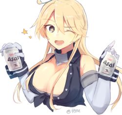 Rule 34 | 1girl, ahoge, asahi breweries, beer can, blonde hair, blue eyes, breasts, can, cleavage, cropped torso, drink can, fingerless gloves, folte, front-tie top, gloves, iowa (kancolle), kantai collection, large breasts, looking at viewer, open mouth, simple background, solo, star-shaped pupils, star (symbol), symbol-shaped pupils, twitter username, upper body, white background
