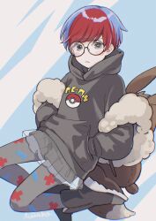 Rule 34 | 1girl, absurdres, backpack, bag, blue hair, blush stickers, boots, brown bag, closed mouth, commentary request, creatures (company), game freak, glasses, grey eyes, hands in pockets, highres, hood, hood down, hoodie, leg up, looking at viewer, mizutamako, multicolored hair, nintendo, pantyhose, penny (pokemon), poke ball print, pokemon, pokemon sv, red hair, round eyewear, see-through, see-through skirt, short hair, shorts, shorts under skirt, signature, skirt, two-tone hair