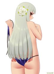 Rule 34 | 1girl, artist name, ass, bikini, bikini top only, unworn bikini top, blue bikini, blunt bangs, blush, bravely default (series), bravely second: end layer, commentary request, flower, from behind, grey hair, hair flower, hair ornament, hand on own chest, holding, holding bikini, holding bikini top, holding clothes, holding swimsuit, kuroonehalf, long hair, looking at viewer, looking back, magnolia arch, purple bikini, red eyes, simple background, smile, solo, swimsuit, topless, very long hair, white background