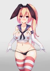 Rule 34 | 10s, 1girl, black panties, blonde hair, blush, breasts, cleavage, collarbone, cosplay, crop top, crossover, curvy, elbow gloves, gloves, hair ribbon, kantai collection, kawakami mai, large breasts, long hair, looking at viewer, midriff, mole, mole under eye, musaigen no phantom world, navel, no pants, panties, panty pull, pink eyes, ribbon, school uniform, serafuku, shimakaze (kancolle), shimakaze (kancolle) (cosplay), side ponytail, skindentation, solo, strap pull, striped clothes, striped thighhighs, thighhighs, thighs, thong, underwear, white gloves, wide hips, x2