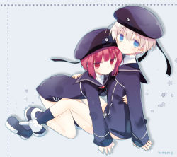 Rule 34 | 10s, 2girls, blue eyes, blush, dress, hat, kantai collection, long sleeves, looking at viewer, multiple girls, personification, red eyes, red hair, sailor collar, sailor dress, sailor hat, short hair, silver hair, yuzuki gao, z1 leberecht maass (kancolle), z3 max schultz (kancolle)
