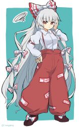 Rule 34 | 1girl, black footwear, blue background, bow, closed mouth, collared shirt, commentary, footwear bow, fujiwara no mokou, full body, grey hair, hair bow, highres, long hair, long sleeves, looking at viewer, looking to the side, ofuda, ofuda on clothes, pants, ramudia (lamyun), red eyes, red pants, shirt, solo, squiggle, standing, suspenders, touhou, very long hair, white bow, white shirt