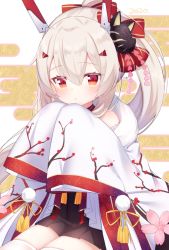 Rule 34 | 1girl, 2020, :o, ayanami (azur lane), azur lane, black skirt, bow, commentary request, egasumi, fox mask, hair between eyes, hair bow, hair ornament, hairclip, headgear, high ponytail, highres, japanese clothes, kimono, kokone (coconeeeco), light brown hair, long hair, long sleeves, looking at viewer, mask, mask on head, parted lips, pleated skirt, ponytail, red bow, red eyes, sitting, skirt, sleeves past fingers, sleeves past wrists, solo, striped, striped bow, thighhighs, very long hair, white kimono, white thighhighs, wide sleeves