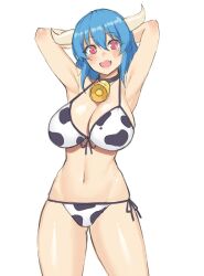 Rule 34 | 1girl, :d, animal print, arms behind head, bell, bikini, blue hair, breasts, commentary request, cow print, cow print bikini, cowbell, fang, hair between eyes, highres, horns, jashin-chan dropkick, large breasts, looking at viewer, minos (jashin-chan dropkick), neck bell, open mouth, print bikini, ranma (kamenrideroz), red eyes, short hair, side-tie bikini bottom, simple background, smile, standing, swimsuit, white background, white horns