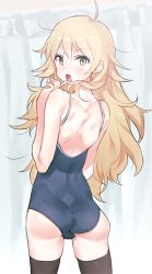 Rule 34 | 1girl, ass, bare shoulders, black thighhighs, blonde hair, blush, competition school swimsuit, cowboy shot, finger to mouth, from behind, green eyes, hoshii miki, idolmaster, idolmaster (classic), kissai, long hair, looking back, one-piece swimsuit, open mouth, school swimsuit, solo, swimsuit, taut clothes, taut swimsuit, thighhighs, twisted neck