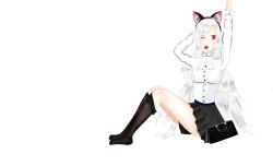 Rule 34 | absurdres, animal ears, azur lane, black skirt, cat ears, graf zeppelin (azur lane), hand up, highres, one eye closed, red eyes, shirt, sitting, skirt, solo, tongue, tongue out, white background, white shirt