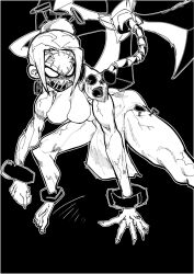 Rule 34 | 1girl, black background, breasts, covered erect nipples, cuffs, cyborg, greyscale, highres, large breasts, mask, monochrome, muscular, muscular female, open mouth, painwheel (skullgirls), shackles, skullgirls, solo, veins