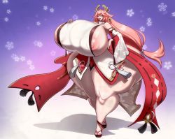 Rule 34 | 1girl, breasts, full body, genshin impact, gigantic breasts, highres, huge areolae, huge nipples, long hair, nipples, pink hair, plump, solo, standing, tagme, thick thighs, thighs, wide hips, yae miko