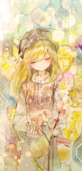 Rule 34 | 1girl, artist name, blonde hair, blush, bouquet, closed mouth, collared shirt, commentary request, crystal, crystal earrings, earrings, closed eyes, flower, food, fruit, gem, hat, highres, jewelry, kazuka, lemon, lemon slice, long hair, long sleeves, necklace, original, painting (medium), puffy sleeves, shirt, signature, sleeve cuffs, smile, solo, sweater, sweater vest, traditional media, turtleneck, turtleneck sweater, watercolor (medium), white shirt
