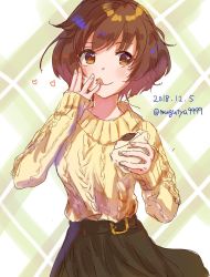 Rule 34 | 1girl, :q, akiyama yukari, belt, black belt, black skirt, brown eyes, brown hair, casual, closed mouth, commentary, dated, food, food on face, girls und panzer, heart, highres, holding, holding food, licking lips, long sleeves, looking at viewer, macho ojiji, medium skirt, messy hair, one-hour drawing challenge, ribbed sweater, short hair, sketch, skirt, smile, solo, standing, sweater, tongue, tongue out, twitter username, upper body, yellow sweater
