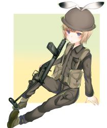 Rule 34 | 1boy, akuaku (vtuber), animal ears, blonde hair, blue eyes, blush, border, check gender, collared shirt, commentary request, copyright request, full body, gradient background, green background, green footwear, green pants, green shirt, gun, hand on weapon, helmet, indie virtual youtuber, light blush, long sleeves, looking at viewer, male focus, military, military rank insignia, military uniform, mole, mole under eye, ojisanda, original, outside border, pants, pouch, rabbit ears, shirt, short hair, simple background, sitting, sten gun, uniform, virtual youtuber, weapon, white border, wing collar, yellow background