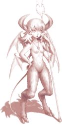 Rule 34 | 1girl, agemmata, bad id, bad pixiv id, breasts, demon girl, eyes visible through hair, full body, hand on own hip, highres, hooves, horns, jewelry, looking at viewer, monochrome, necklace, nipples, pointy ears, satyr, simple background, small breasts, solo, topless, white background, wings